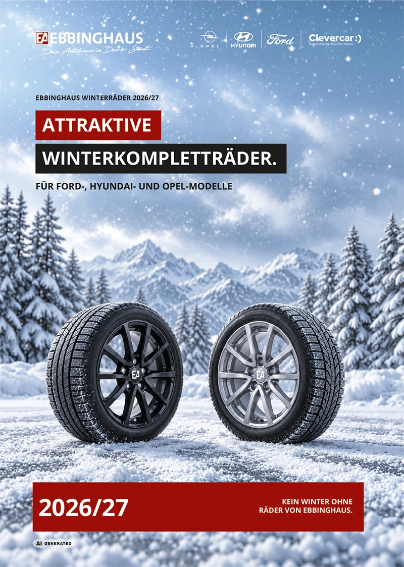 Titelbild des Ebbinghaus Winterräder-Katalogs 2026/27 mit Winterkompletträdern für Ford, Hyundai und Opel.